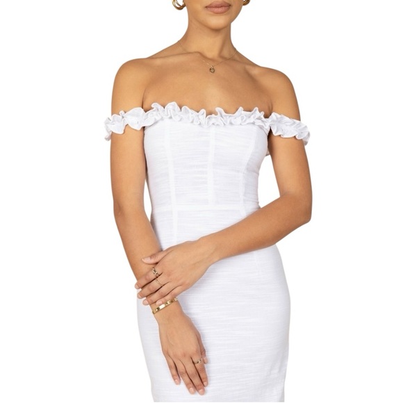 PETAL + PUP Florez Dress White Midi Ruffle Off Shoulder Wedding Bridal Size 6 - Picture 6 of 12